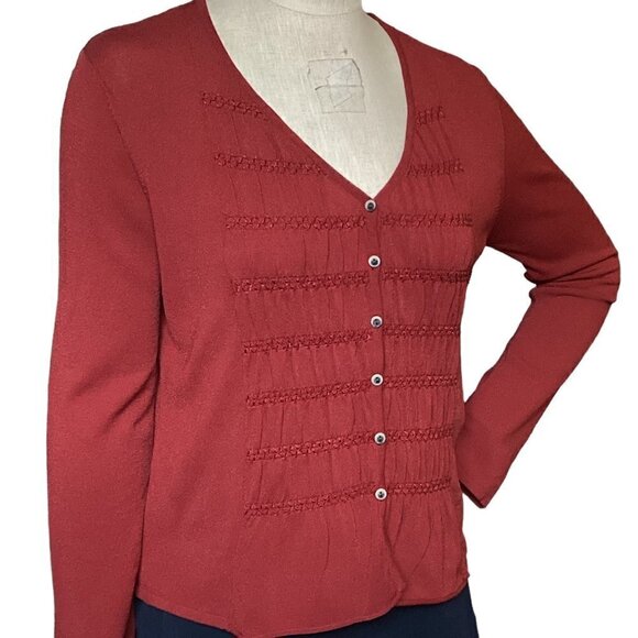 J.Jill V-Neck Texture/Smock-Front Button Front Cardigan Top Rust Red Sz S #229K - Picture 4 of 9